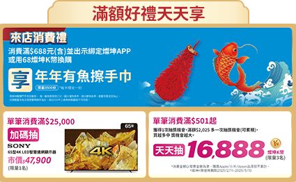 滿額好禮天天享 天天抽16888燦坤K幣 加碼抽SONY顯示器 來店再享消費禮